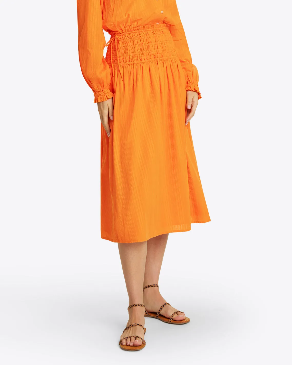 Smocked Waist Midi Skirt in Marigold Dobby Stripe