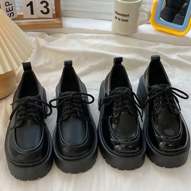 Sohiwoo Autumn Women Black Platform Basic Mary Jane Shoes Flats Clogs Prepppy Style Leather Shoes British Style Lace Up Pumps Shoes