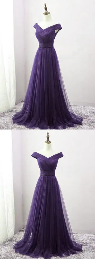 Solvbao Beautiful Off the Shoulder Long Purple Bridesmaid Dress, A-line Evening Gowns