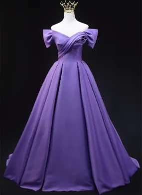 Solvbao Purple Satin Simple Off Shoulder Evening Dress, Purple Long Prom Dress