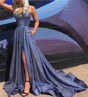 Spaghetti Straps Scoop Neck Long Prom Dress Navy Formal Evening Gown cg2776