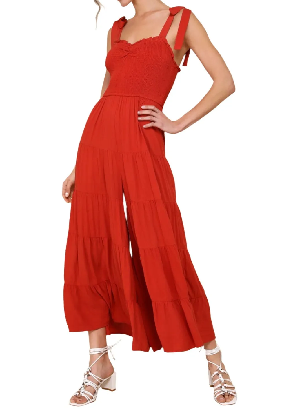 Sunny Days Off Rust Red Smocked Tie-Strap Jumpsuit