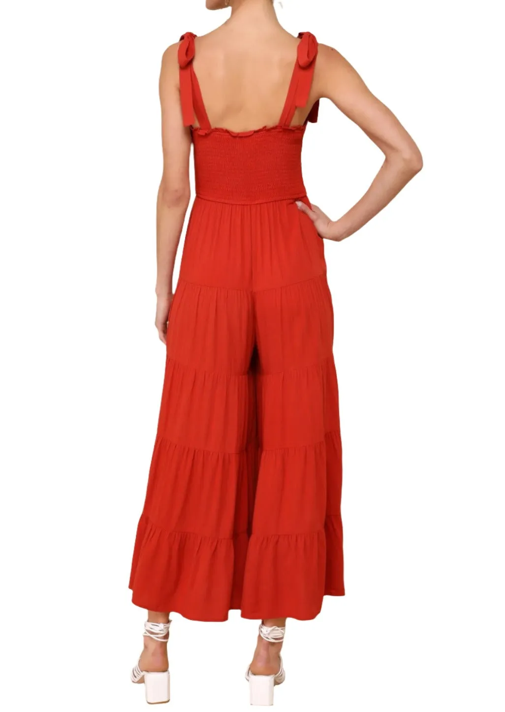 Sunny Days Off Rust Red Smocked Tie-Strap Jumpsuit