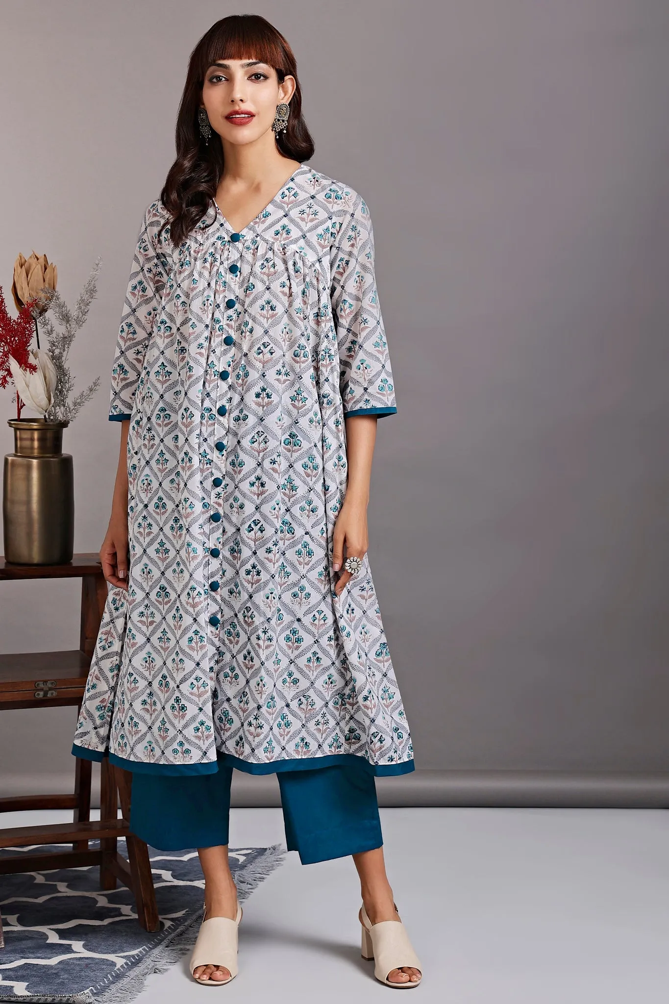 v-neck gather dress - rivulet teal & alluring mughal garden