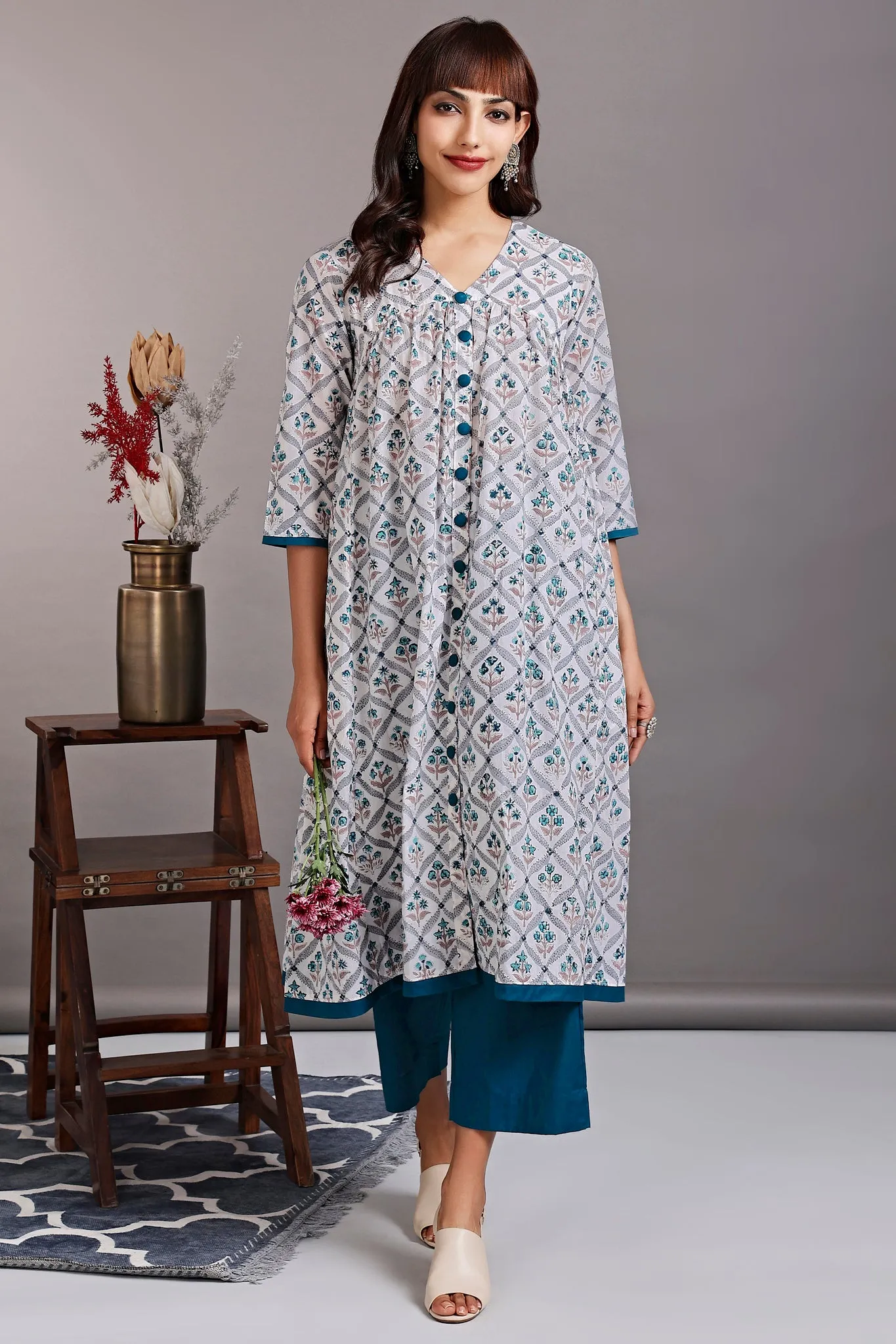 v-neck gather dress - rivulet teal & alluring mughal garden