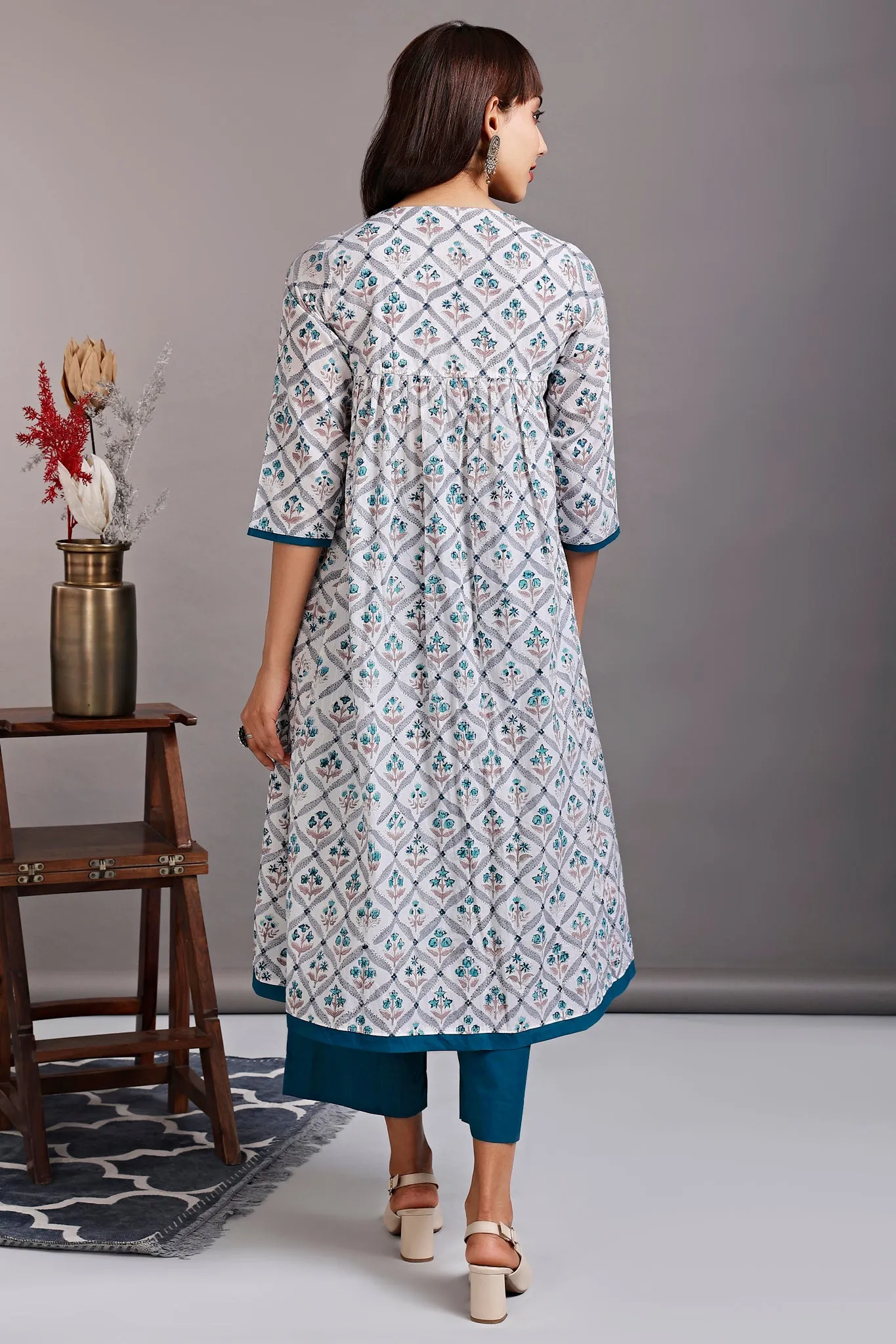 v-neck gather dress - rivulet teal & alluring mughal garden