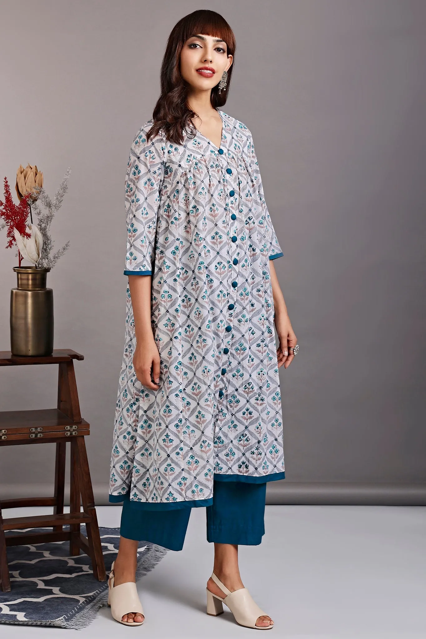 v-neck gather dress - rivulet teal & alluring mughal garden