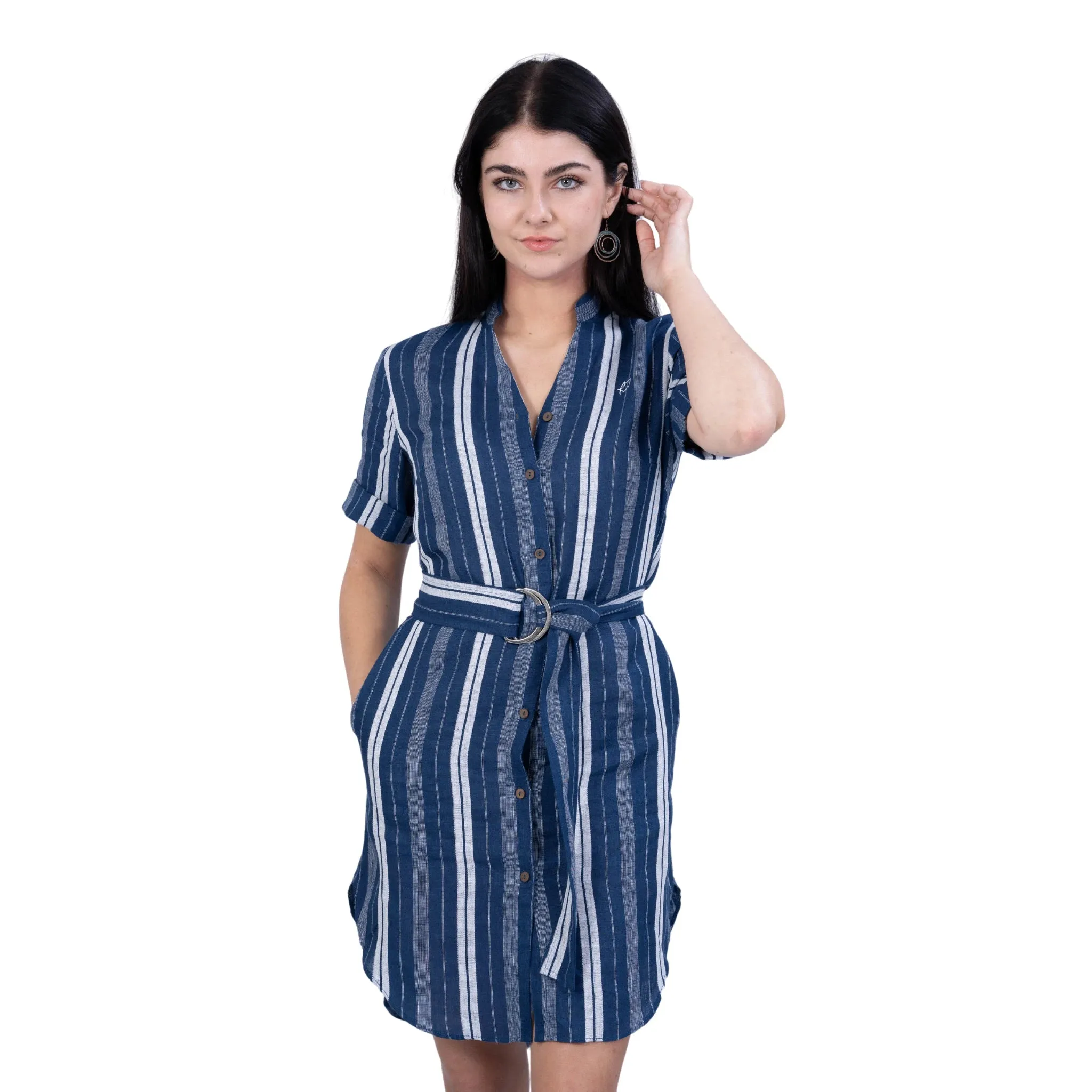 V-Neck Linen Dress with Mandarin Collar for women