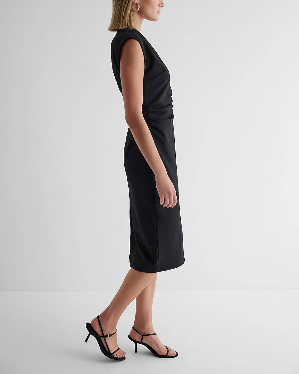 V-Neck Sleeveless Ruched Midi Sheath Dress in Pitch Black