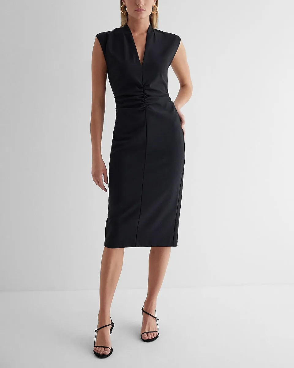 V-Neck Sleeveless Ruched Midi Sheath Dress in Pitch Black