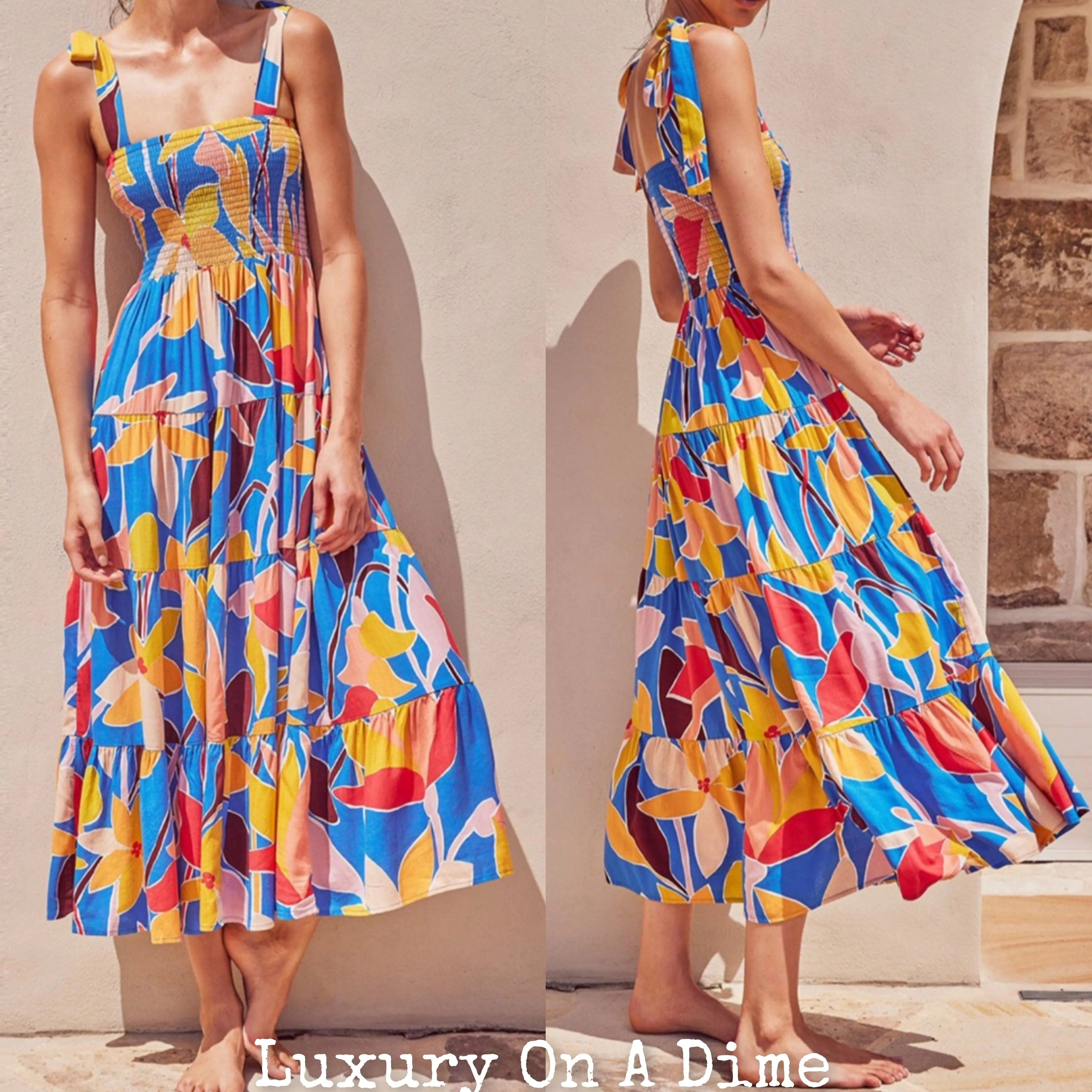 Vibrant Floral Abstract Tie Shoulder Smocked Bodice Tiered Maxi Summer Dress