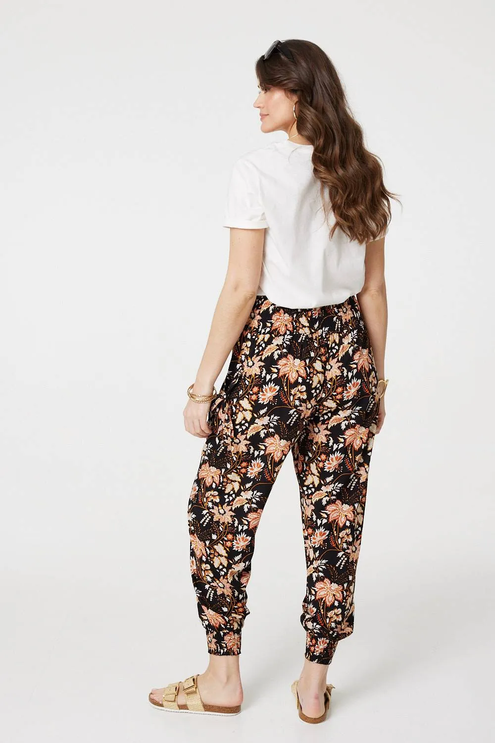 Vintage Floral Shirred Waist Harem Pants