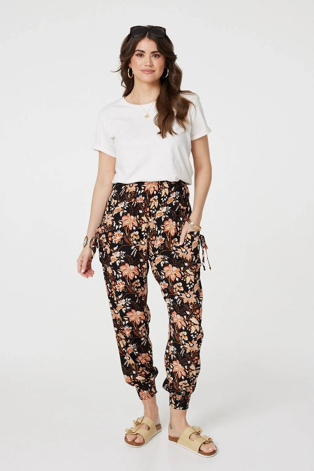 Vintage Floral Shirred Waist Harem Pants