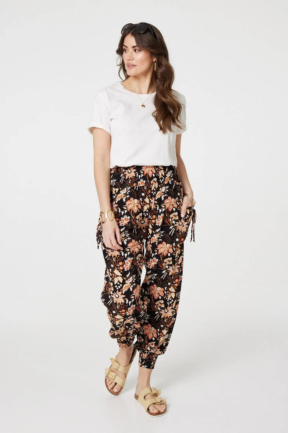 Vintage Floral Shirred Waist Harem Pants