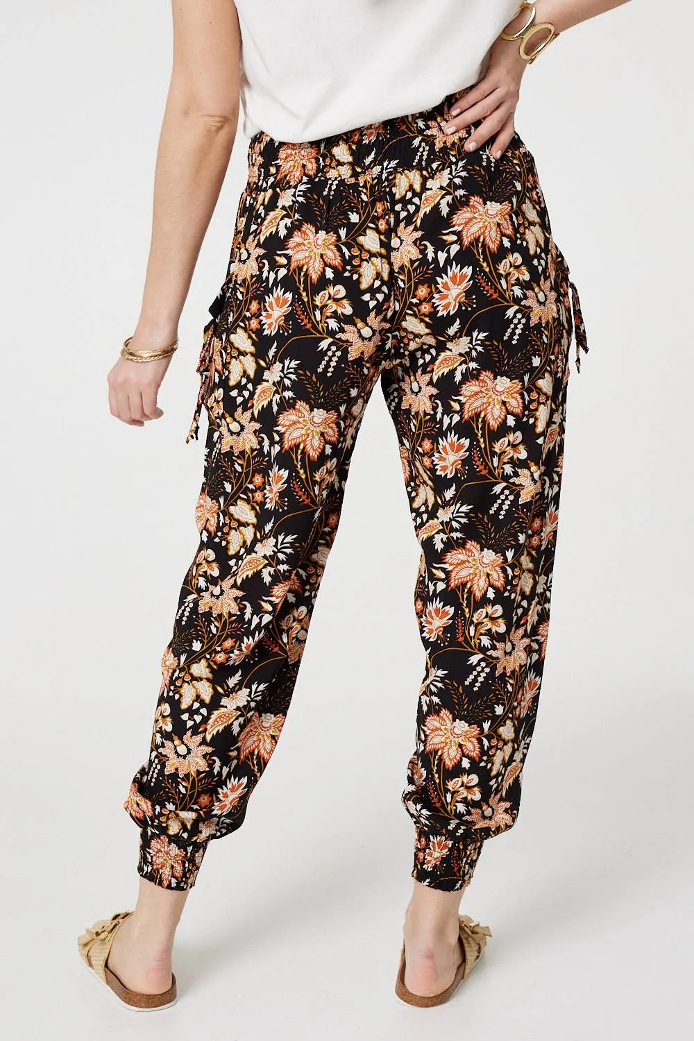 Vintage Floral Shirred Waist Harem Pants