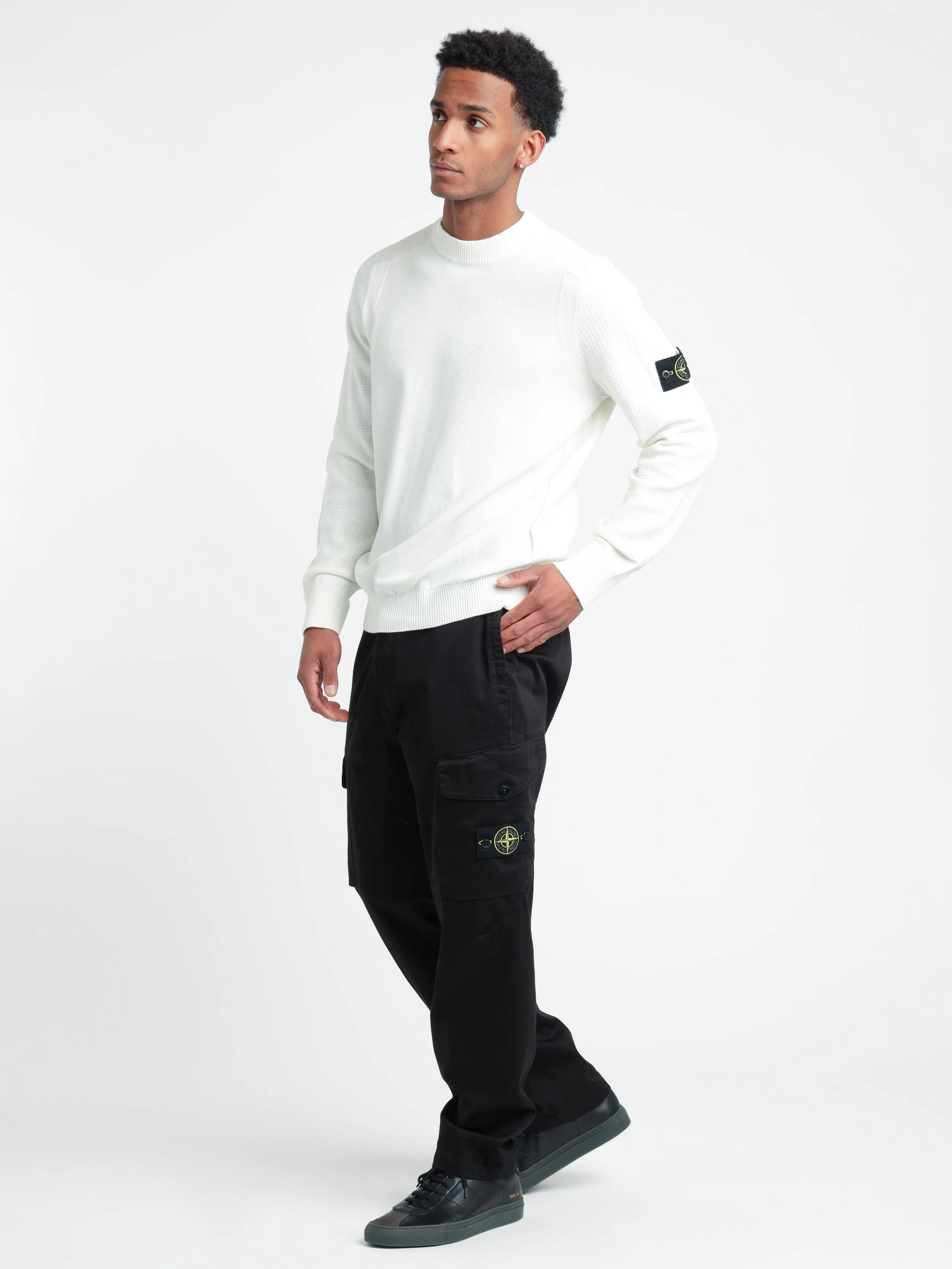 White Sleeve-Ribbed Crewneck Knit