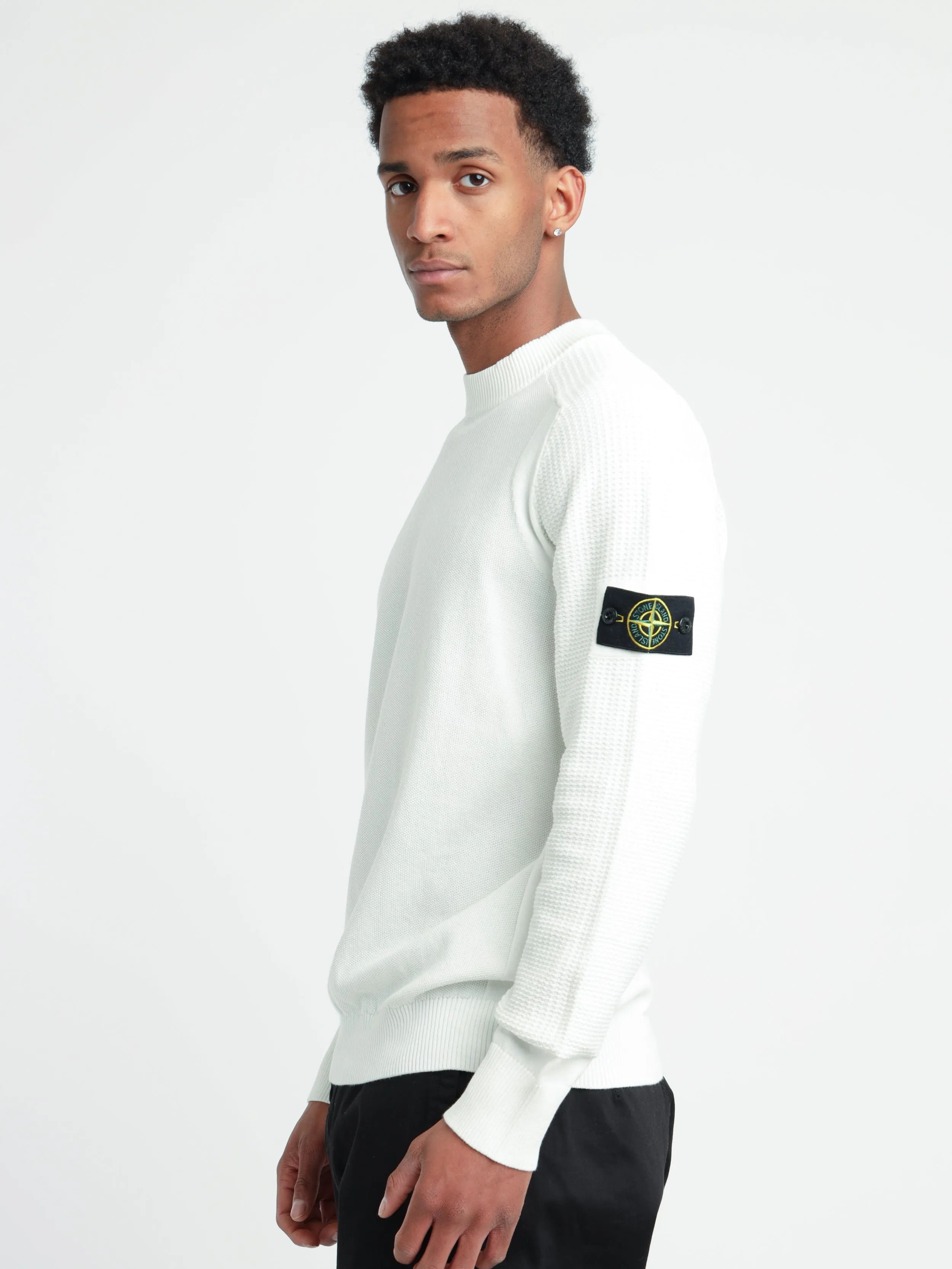 White Sleeve-Ribbed Crewneck Knit