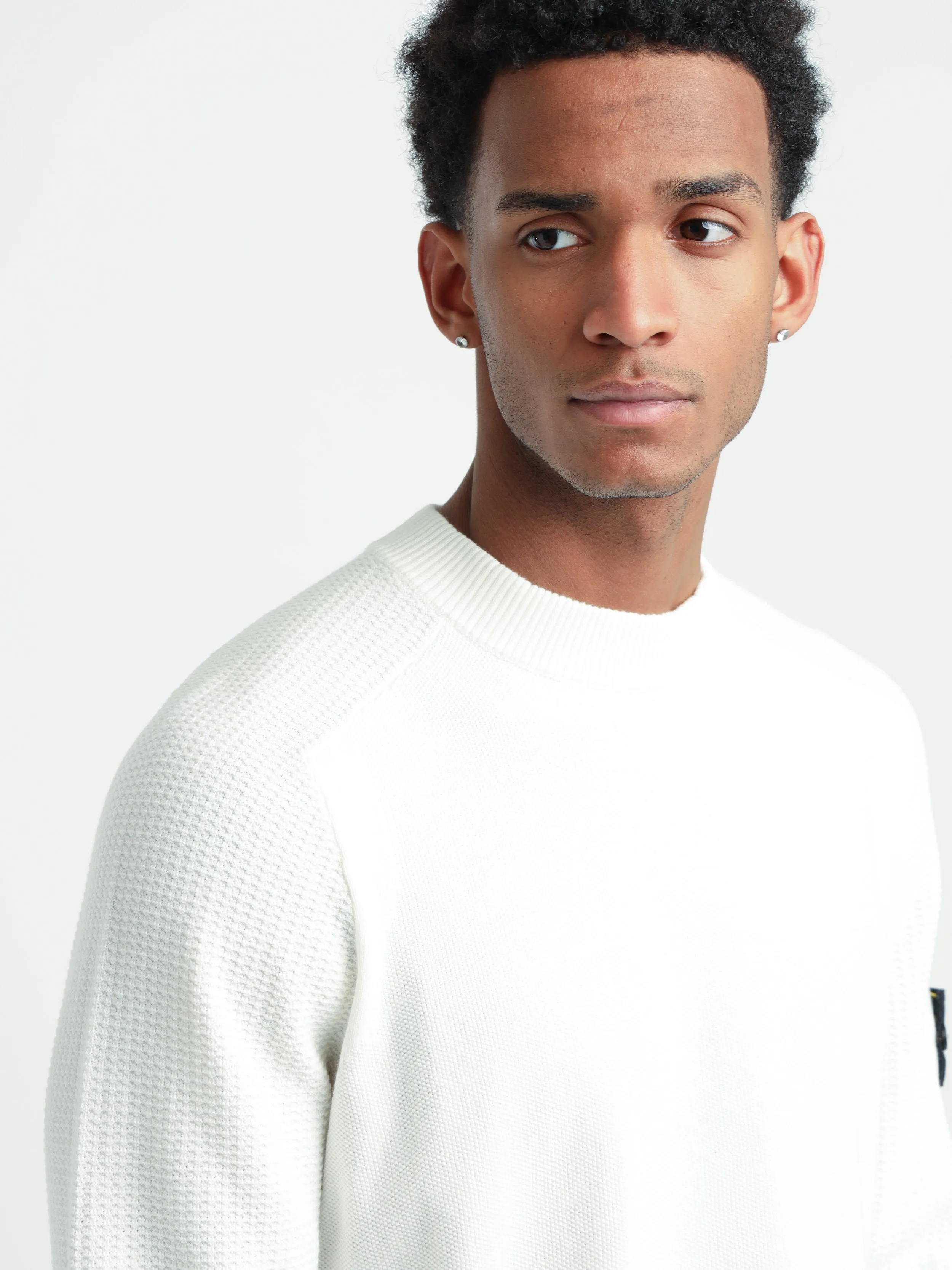 White Sleeve-Ribbed Crewneck Knit