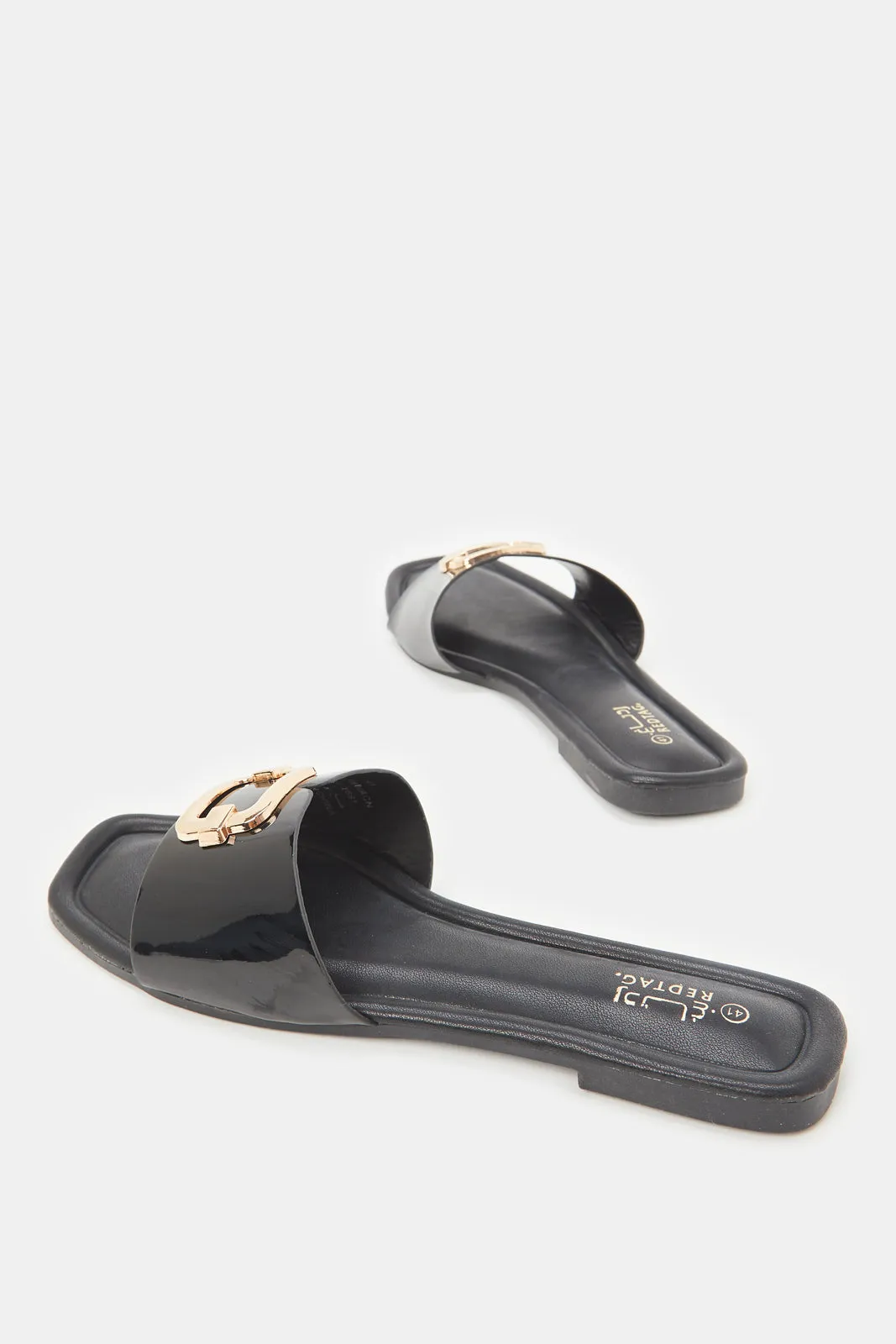 Women Black Patent Buckle Mule