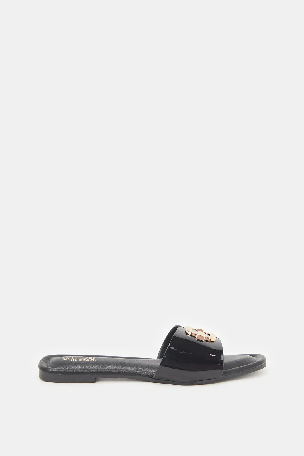 Women Black Patent Buckle Mule