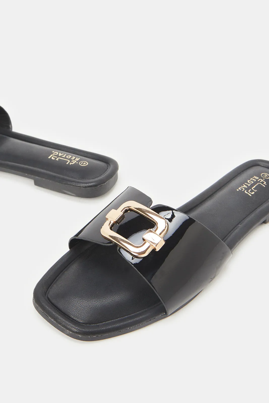 Women Black Patent Buckle Mule