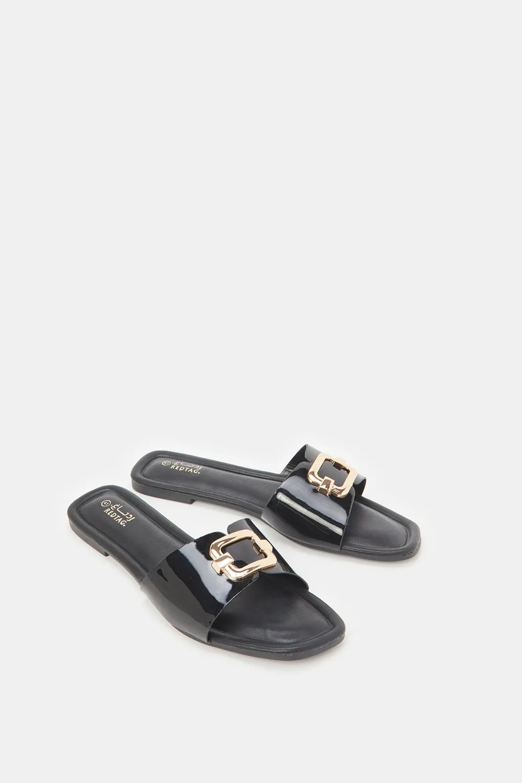 Women Black Patent Buckle Mule