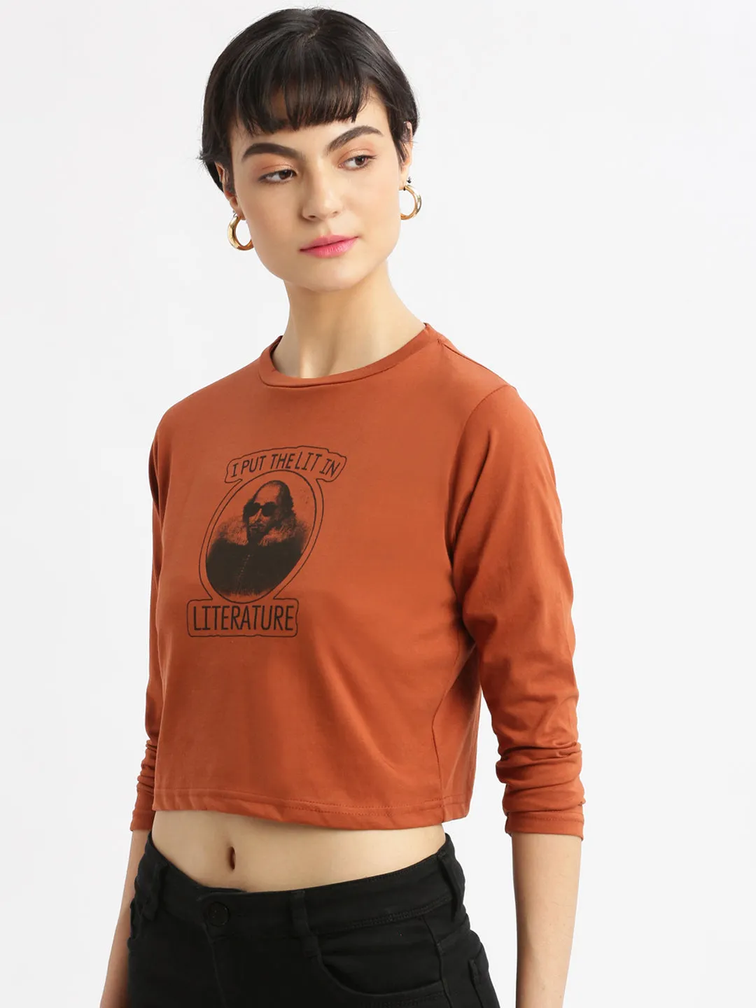 Women Round Neck Brown Printed T Shirt