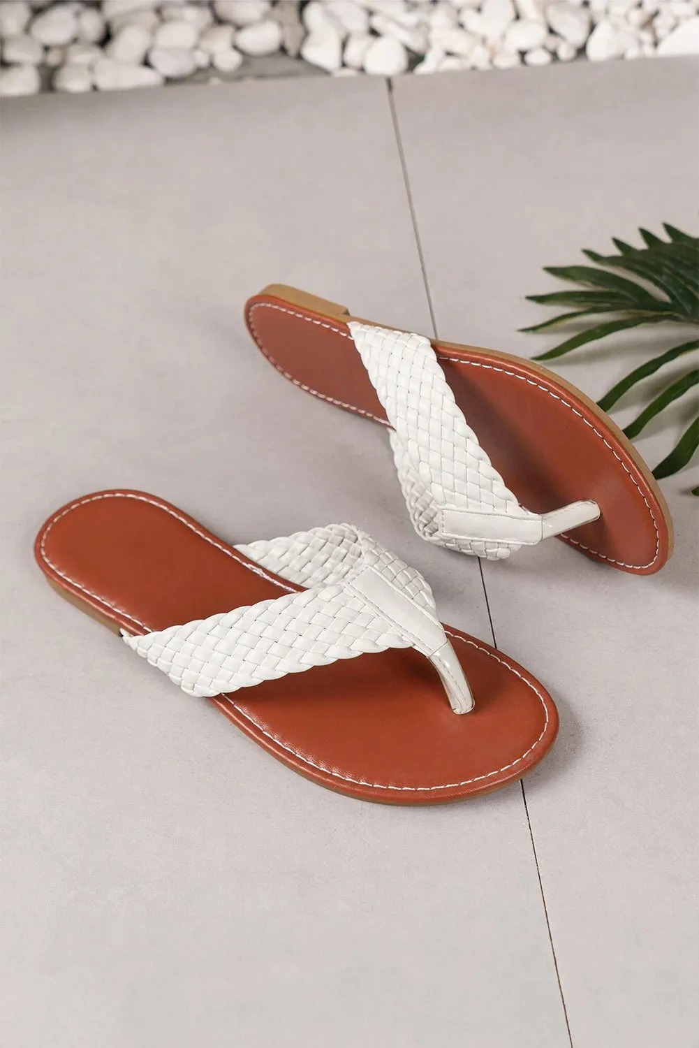 Women Wide Braided Strap PU Leather Flip Flop Sandals