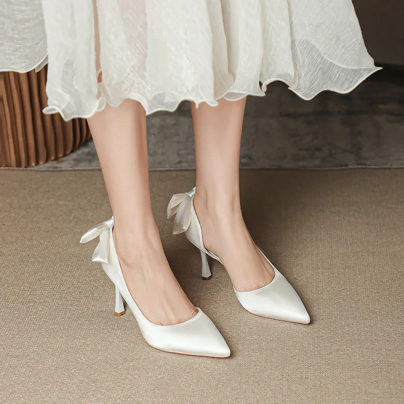 Women's Wedding Shoes Satin High Heel Point Toe Bowknot Prom Pump