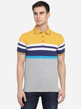 Yellow & Grey Striped Slim Fit Polo T-Shirt | JadeBlue