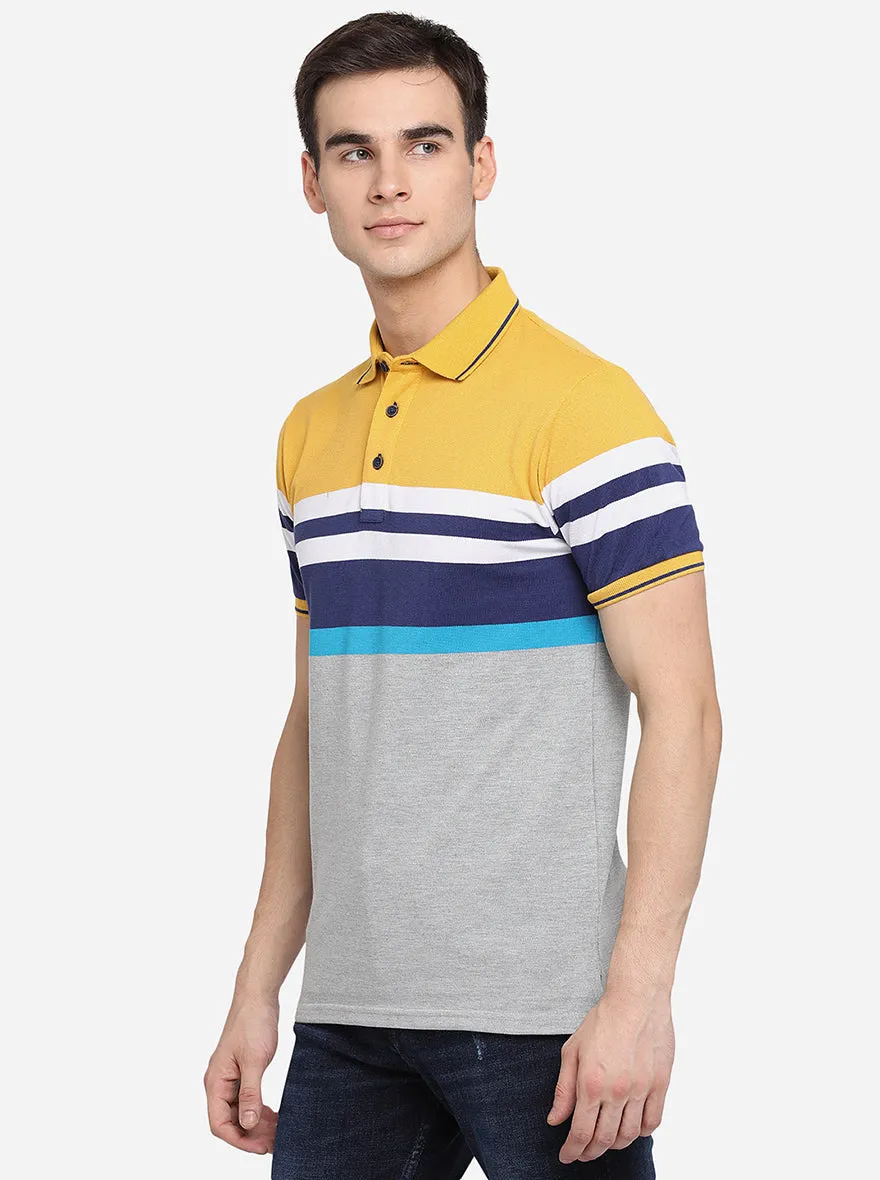 Yellow & Grey Striped Slim Fit Polo T-Shirt | JadeBlue